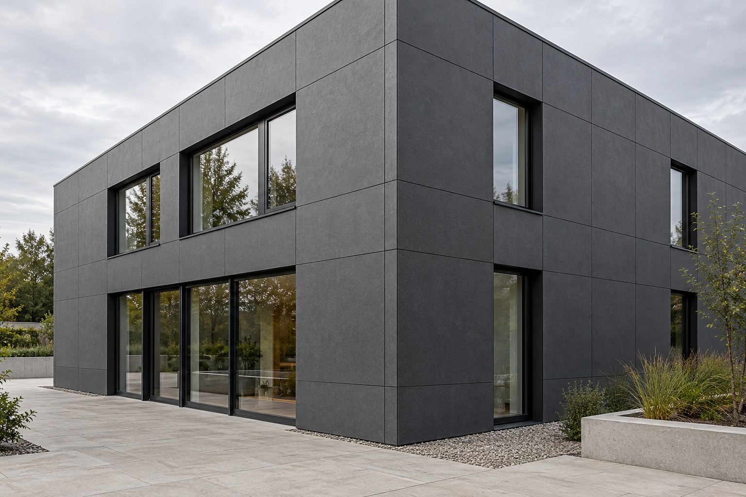 Beispiel einer anthrazitfarbenen Fassade mit matten Faserzementplatten